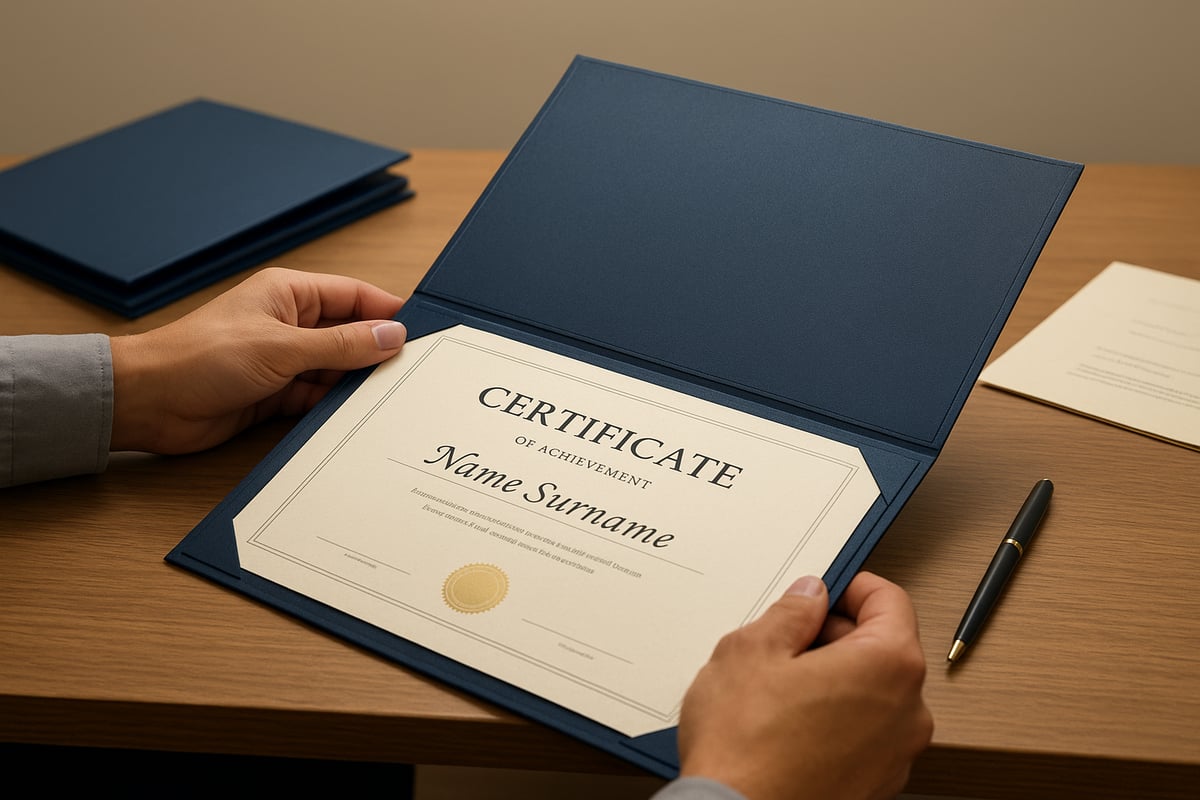 Certificate inside a navy folder on a wooden desk